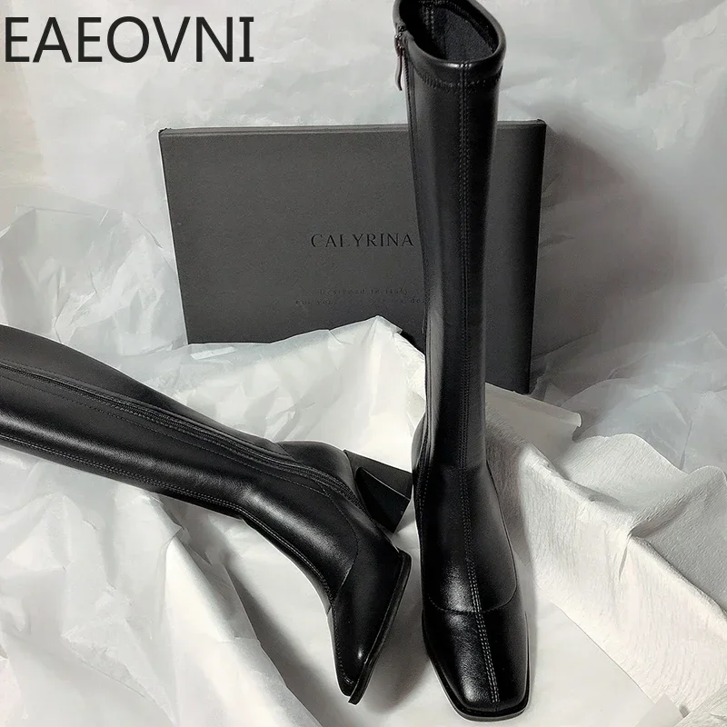 Women Winter High Heel Knee High Boots Fashion Square Toe Long Knight Bootties