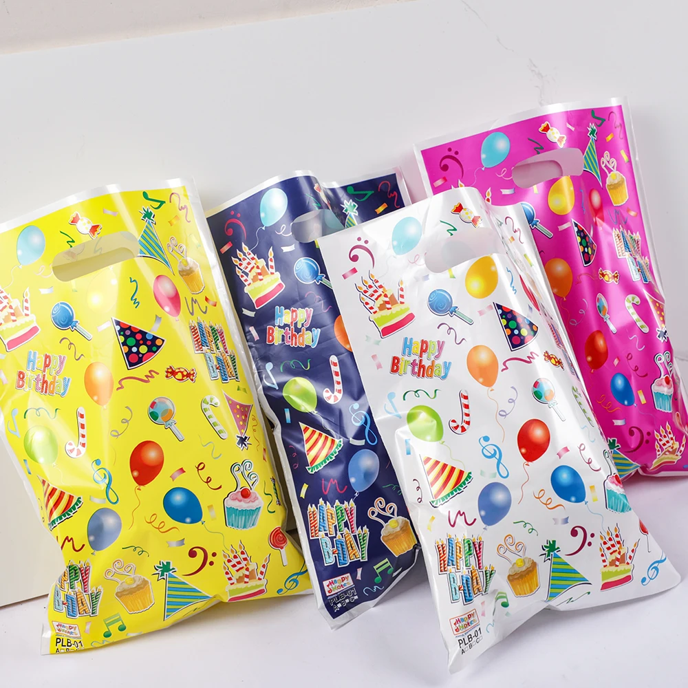 20Pcs 다채로운 플라스틱 생일 축하 선물 포장 가방 어린이를위한 캔디 쿠키 토트 백 생일 베이비 샤워 파티 호의 가방