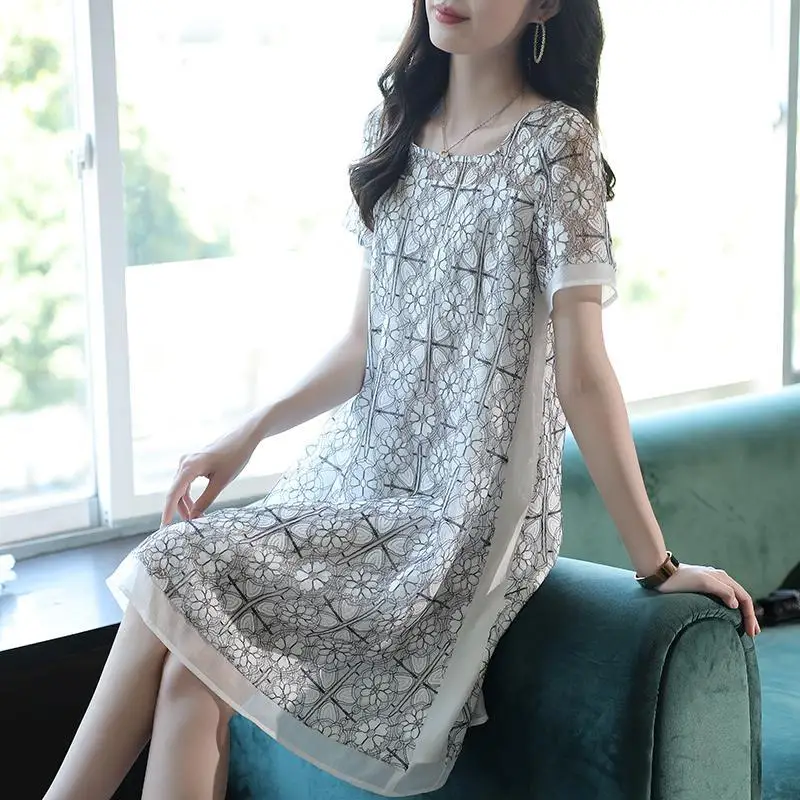 Elegant Square Collar Gauze Hollow Out Lace Vintage Dress Women Clothing 2024 Summer New Loose Office Lady Short Sleeve Dresses