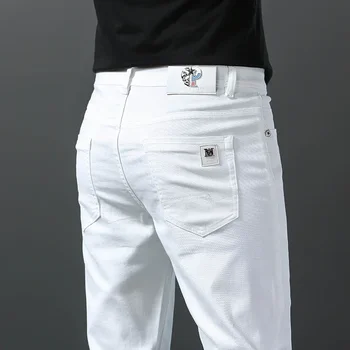 2025 Spring Summer New 98%Cotton Men's Slim Jeans Straight Casual Fashion Pencil Pants High Quality Trousers Male Clothes White 1