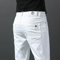 2024 Spring Summer New 98%Cotton Men's Slim Jeans Straight Casual Fashion Pencil Pants High Quality Trousers Male Clothes White 1