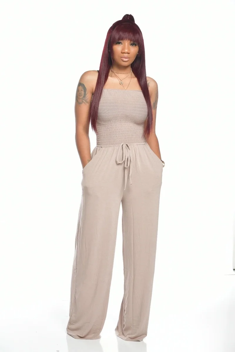 2021 Casual Off Shoulder Wrap-chest Wide-leg Jumpsuits Women Spring Summer Slim Sexy Distressed Fold Sashes Rompers Plus Size