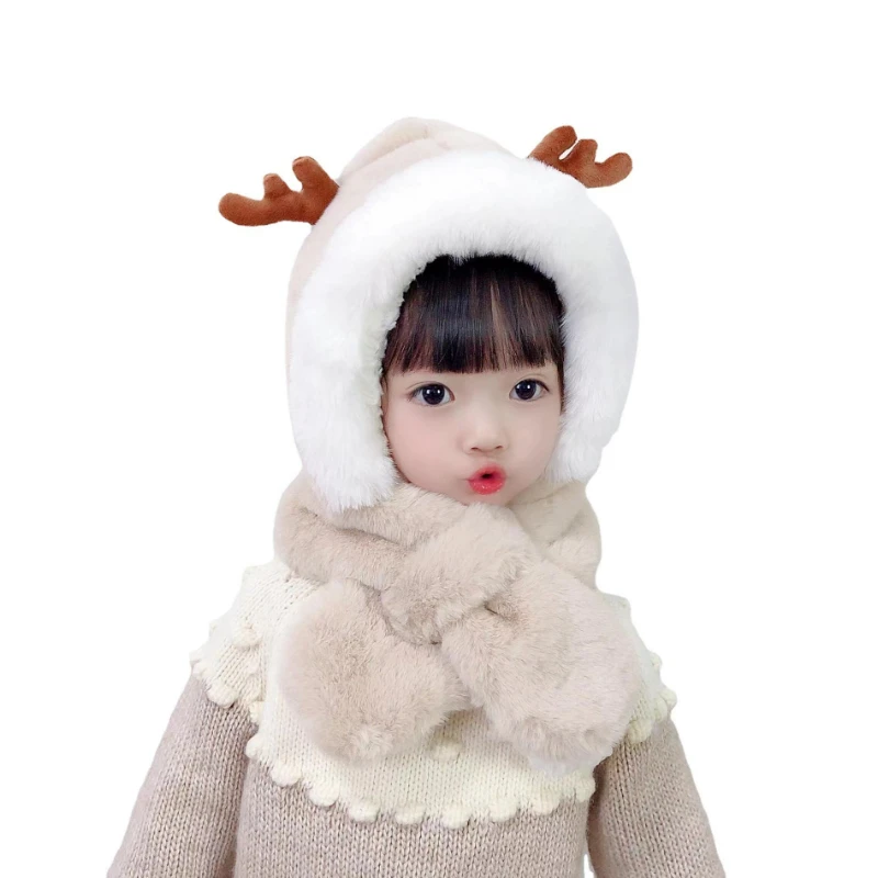 Autumn and Winter Children\'s Hat Cute Hat and Scarf All In One Hat Boys and Girls Deer Hats Plush Windproof Ear Protection Cap