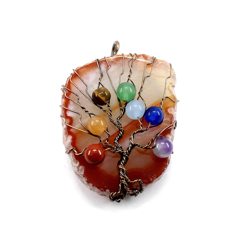 Natural Stone Pendant 7 Chakra Irregular Agate Tree Of Life Copper Wire Wrap For Jewelry Making Women Men Necklace Accessories