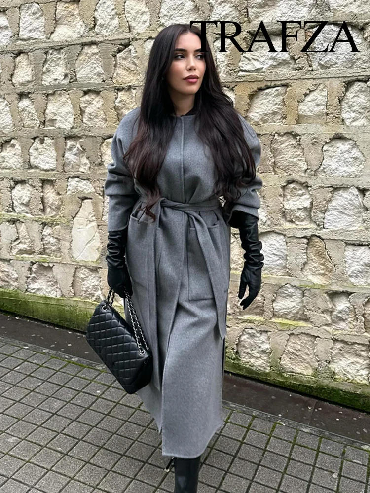 

TRAFZA Women's Wool Blend Reversible Coat Jacket Winter Long Sleeve Pocket Women's Loose Windbreaker Jacket with Belt Gray Top