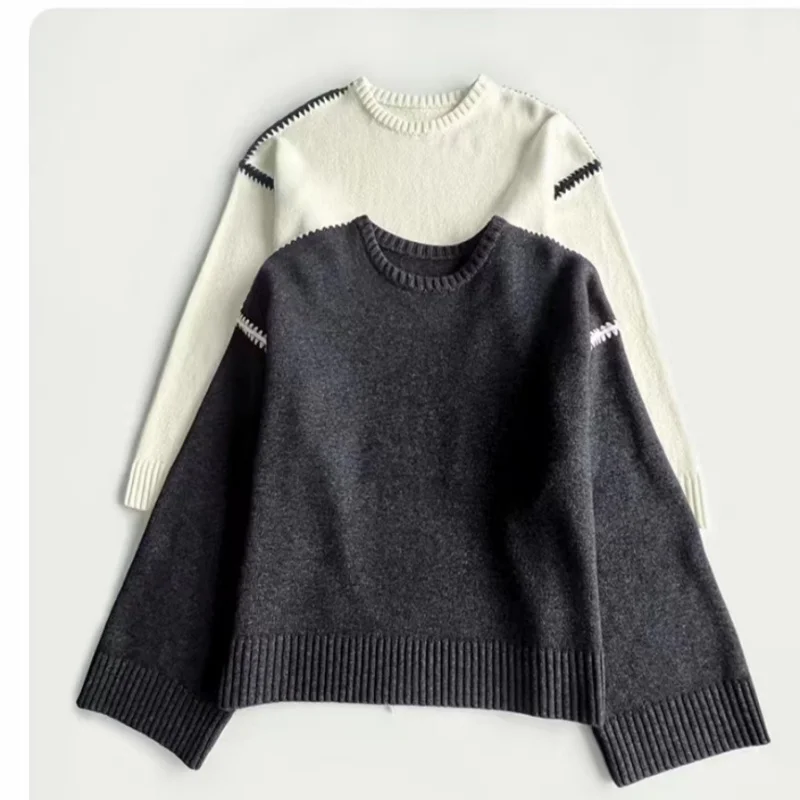 

Wool Blended Knitted Sweater, Embroidered Edge, Unique Contrast, Nordic Fashion, Advanced Casual, Lazy Style, Autumn, Winter, 23