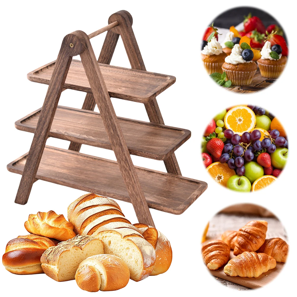 Wooden Serving Platter 3 Tier Serving Tray Multi-Function Rectangular Serving Stand Foldable Food Serving Rack for Wedding Party
