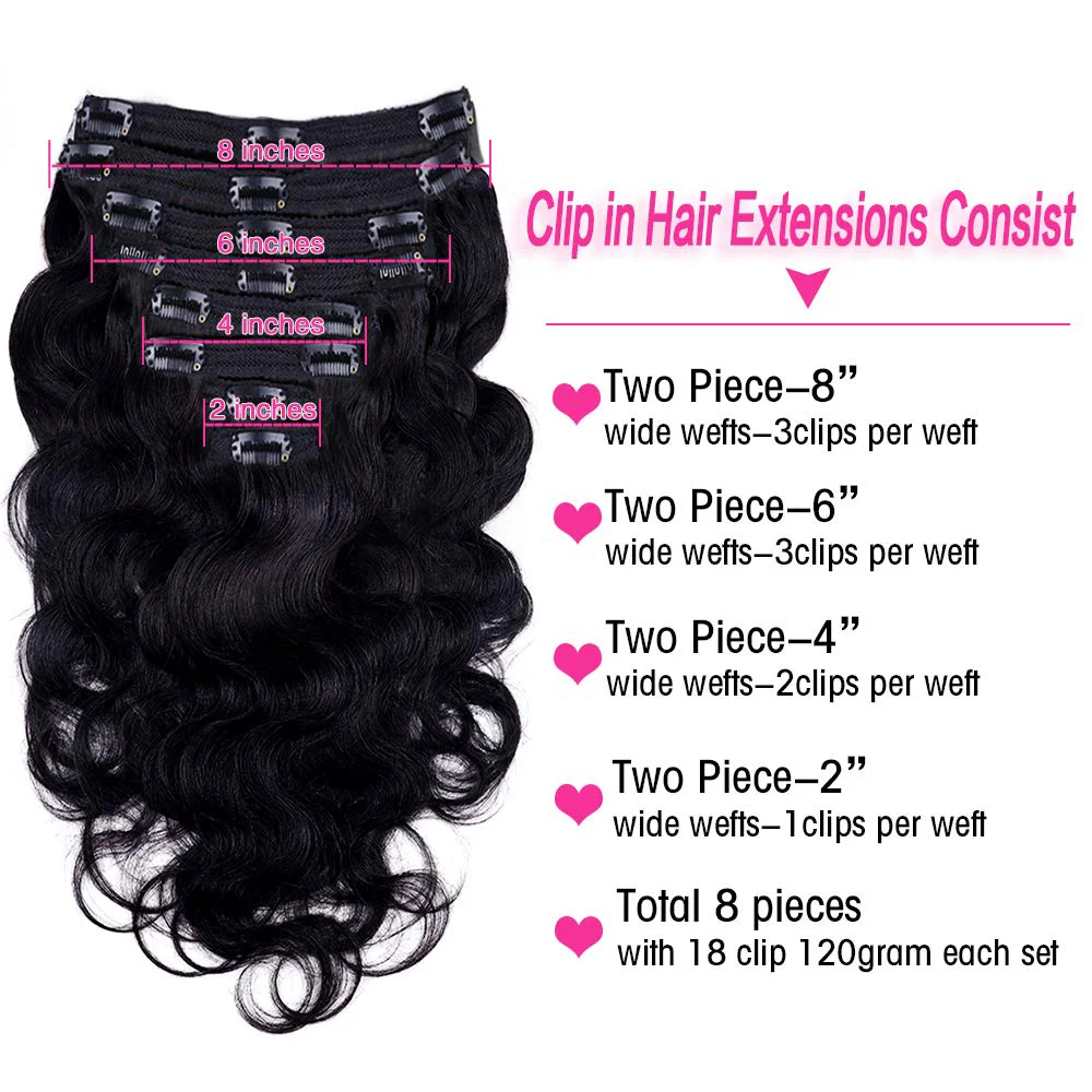 Clip In Human Hair Extensions Body Wave Full Head Seamless Clips In Extension Brazilian 100% Human Hair Natural Color 8Pcs 120G hair extensions