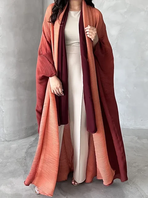 Muslim Abaya for Women Bat Sleeve Pleated Gradient Cardigan Trench Coat 2023 Autumn Dubai Abayas Plus Size Women's Luxury Coat 1