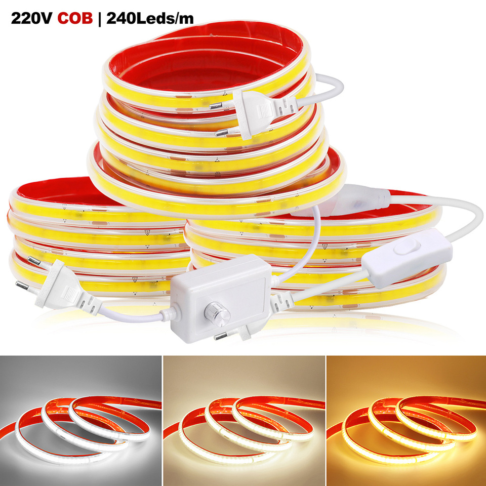 220V Dimmer Switch COB LED Strip Light Power Kit 5m 10m 20m 50m 100m 0.5m 240LED Flex Adhesive Tape White RA90 Linear Lighting