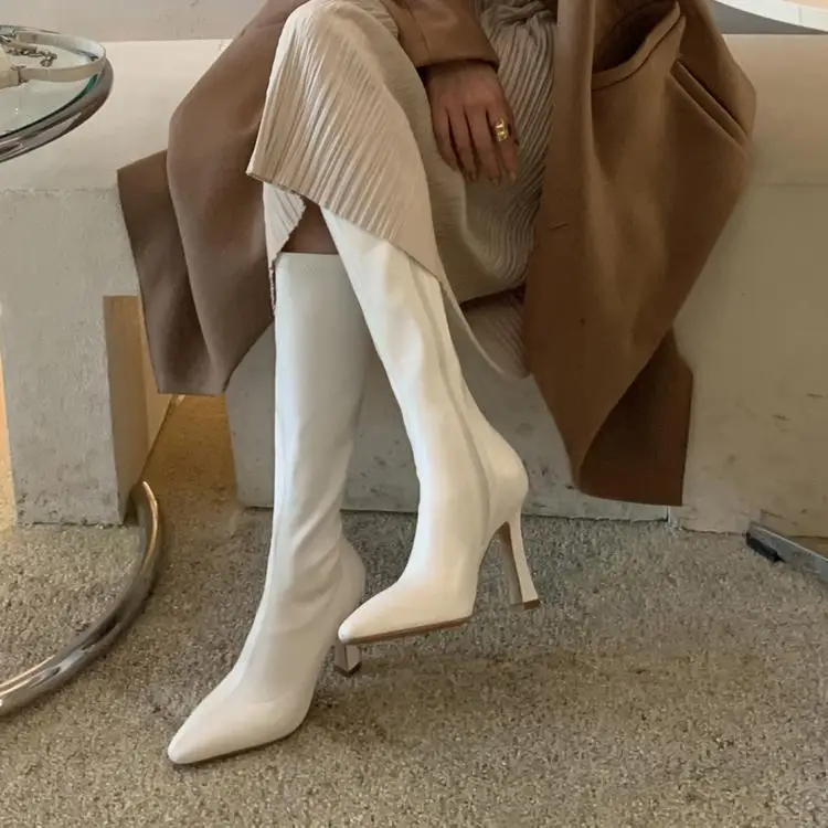 Fashion Sexy High heeled pointed boots Knee High Boots Women Pointed Toe Black Beige White Leather Boots Ladies Winter Shoes