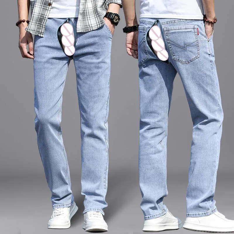 Open Outdoor Sex Pants Summer Light Blue Jeans Men's Straight Loose Thin Stretch Casual Trousers Denim Cargo Y2k Streetwear Men