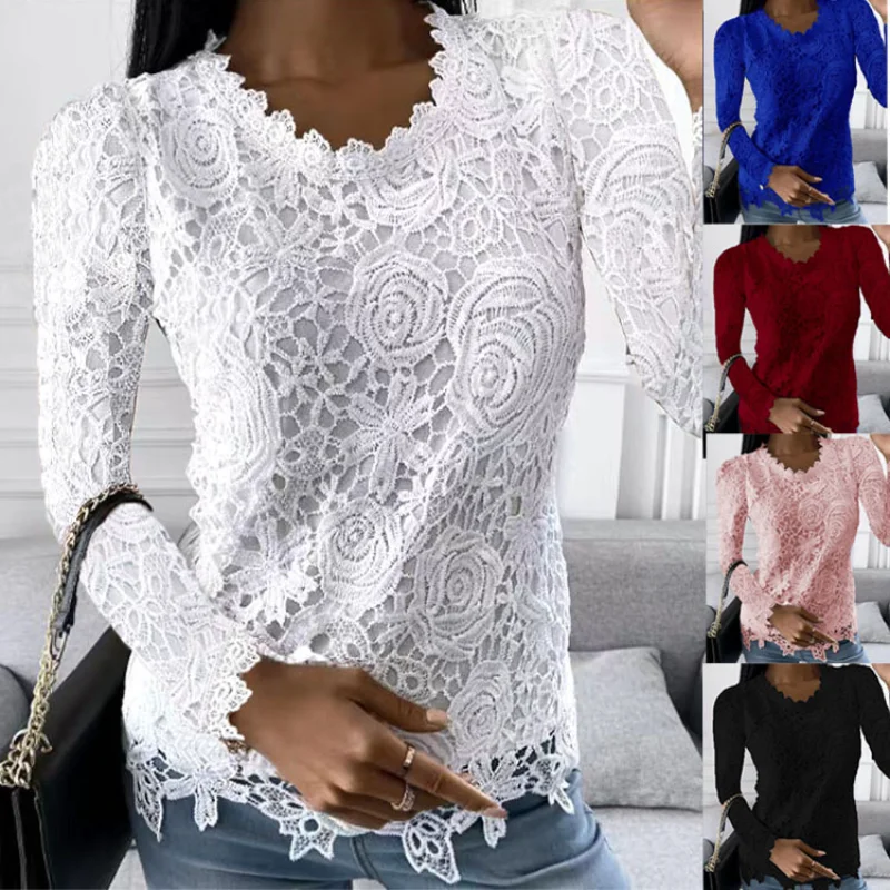 Women Lace Blouse Tops Sexy O-Neck Short Sleeve Lace Patchwork Blouse Shirts  Chic Female Clothing Spring Autumn Trendy Blusas