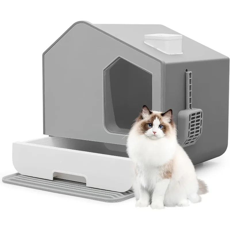 FullyEnclosedSplashProofCatLitterboxwithLitterCatcherMatHouse