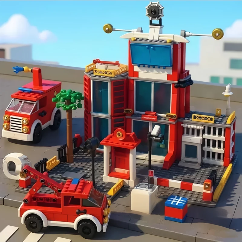 Police and Fire Station Building Blocks Set with Rescue Truck Car Figures Constr