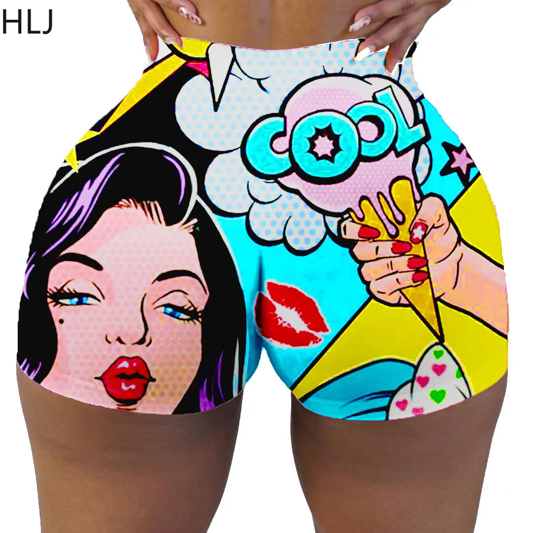 

HLJ Sexy Pattern Printing High Waist Tight Shorts Women Sporty Shorts Summer Fashion Y2K Streetwear Female Tide Clothing Bottoms