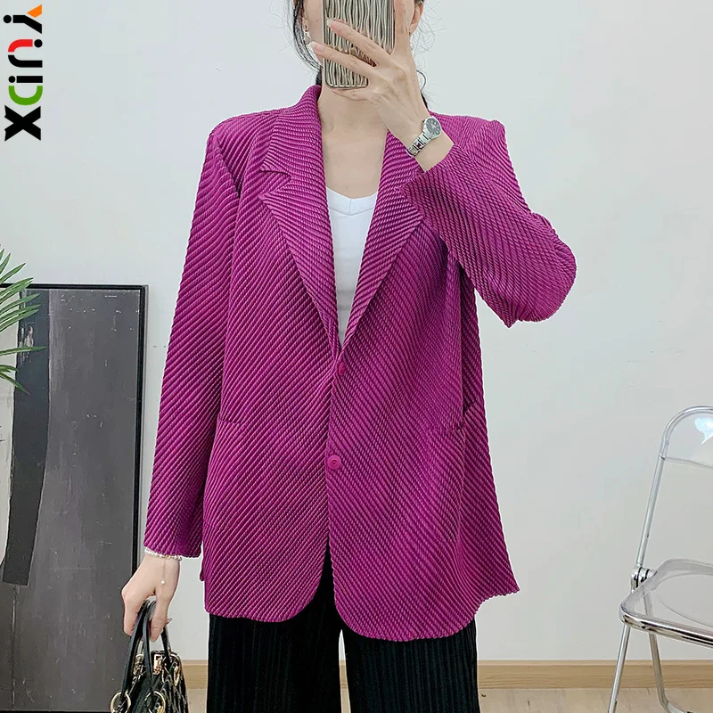 

Miyake Short Fashion Jacket Blazer Collar Pleated Jacket Model Solid Color Versatile Slim Long-sleeved Top 2024 Early Spring New