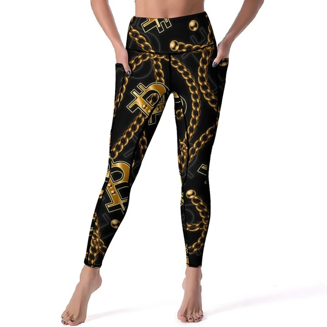 Gold Chain Leggings Shiny Bitcoin Sign Gym Yoga Pants High Waist Stretchy  Sports Tights With Pockets Elegant Graphic Leggins - AliExpress