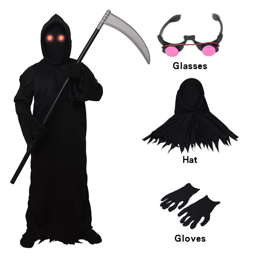 

Kids Scary Ghost Grim Reaper Costume with Glowing Red Eyes Sickle Death Dark Messenger Phantom Cosplay