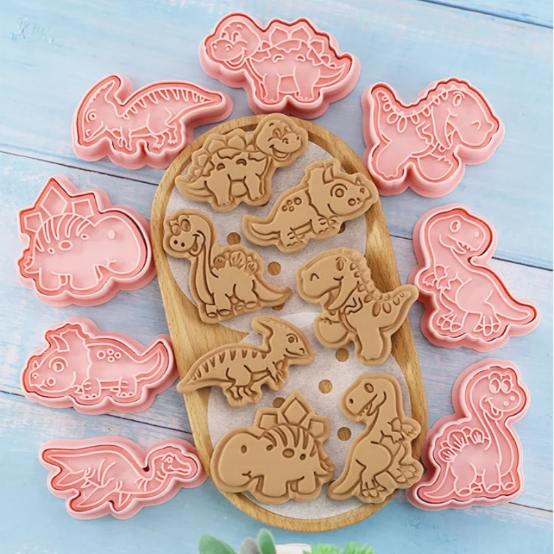 Cartoon Dinosaur Cookies Cutters 8Pcs Set Plastic Pressable Biscuit Mold Confectionery Cookie Stamp Baking Pastry Bakeware Tools