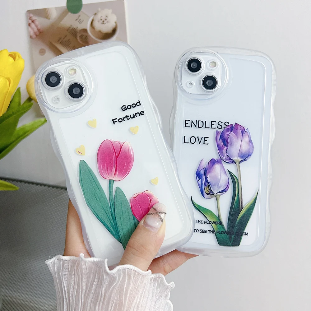 Funda de silicona con diseño de tulipanes rosados y morados con lados ondulados para iPhone 14, 13, 12, 11 Pro, X, XS, XR Max, 7, 8 Plus, SE2_voghion.com