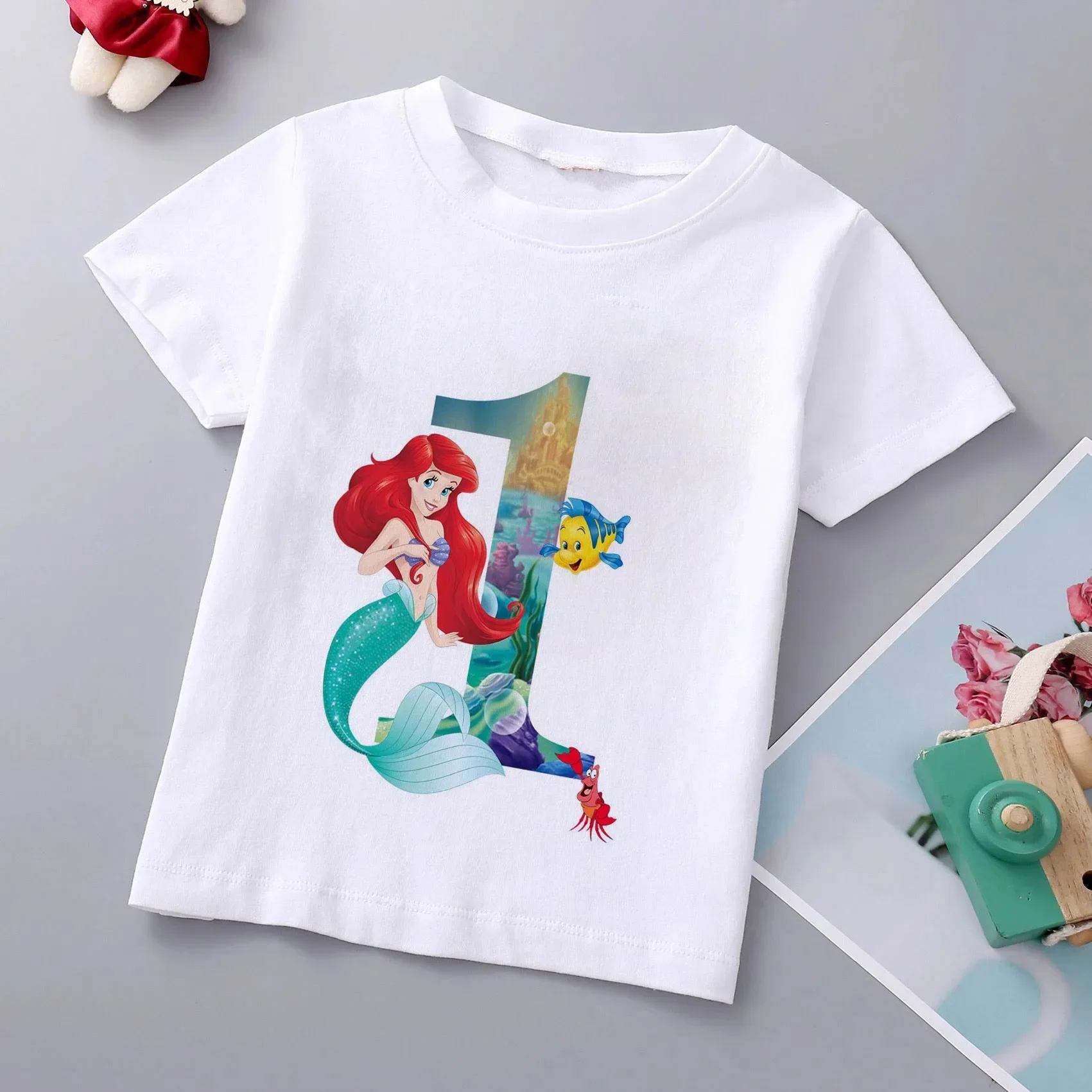 thumbnail image 1 of Camiseta de algodón con estampado de princesa sirena de Disney para niñas, ropa para bebés de princesa Ariel, top de dibujos animados para niños de 1 a 9 años, cumpleaños para niños, 1 of 5