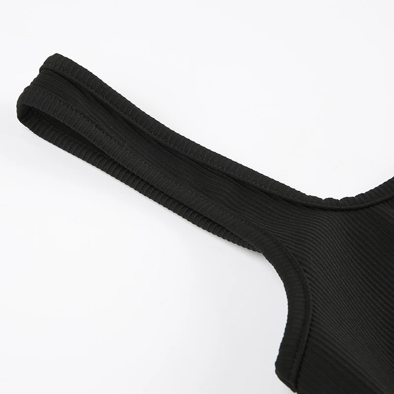 Black Ribbed Sleeveless Square Collar Skinny Sexy Rompers Buttons Details Solid Basic Tank Bodys Playsuits