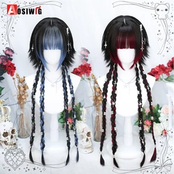 Ombre Black Red Long Straight Synthetic Wig With Braid Women Cosplay Lolita Wigs With Bangs Hair For Daily Party