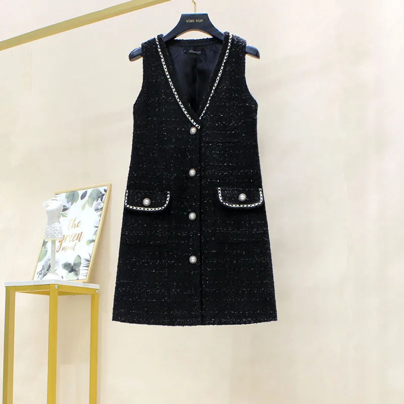 

Women's Spring Fall Tweed A-Line Temperament Vest Fragrant Style Dress