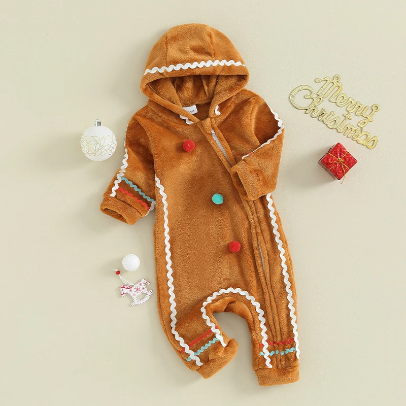 

Baby Gingerbread Costume Boys Girls Christmas Outfit Fuzzy Long Sleeve Romper Ginger Bread Cosplay Outfit