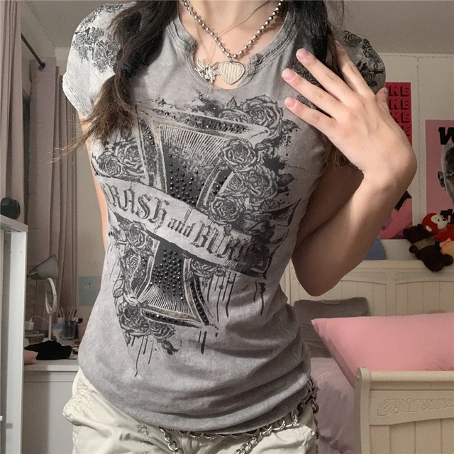 Dourbesty Fairycore Grunge Rhinestone T Shirts 2000s Vintage Cute Pullovers  Women Gray Tee Sexy Short Sleeve T-shirt Summer Top - T-shirts - AliExpress