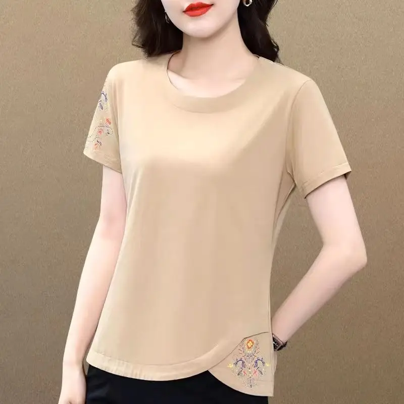 Women's T-shirt Summer Short Sleeve Loose Pullover Solid Vintage Round Neck Embroidery Printing Fashion Elegant Plus Size Tops images - 6