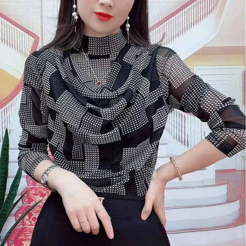 Temperament Versatile Commuter Women's Clothing 2023 Autumn and Winter New Print Half High Neck Long Sleeve Oversize Pullover