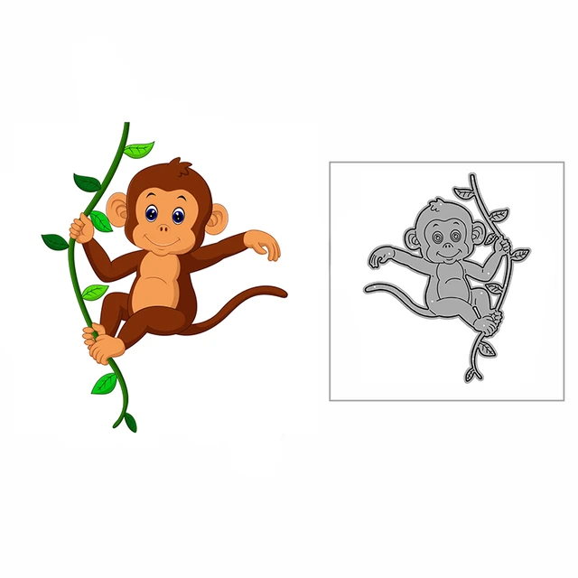 2022 novo desenho animado: pequeno macaco sentado em uma árvore de banana.  Corte de metal morrer é usado para o processo de corte de papel e cartão de  visita - AliExpress