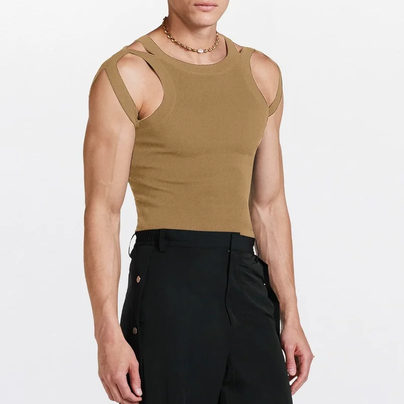 

Sleeveless Top Men Personalized Sling Shoulders Hollow Out Knitted Vest Elastic Slim Tops T-shirt Streetwear Mens Tank Top
