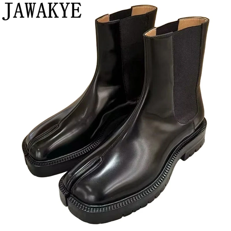 

2023 Autumn Split Toe Black Genuine Leather Ankle Boots For Women British Style Chelsea Boots Retro Slip On Short Botas Mujer