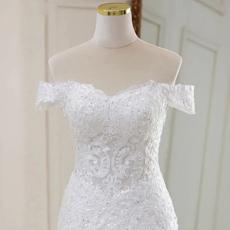 Customized Mermaid Women Wedding Dresses Off Shoulder V Neck Appliques Bridal Gowns Court Train Vestido De Noiva robe de mariée 3