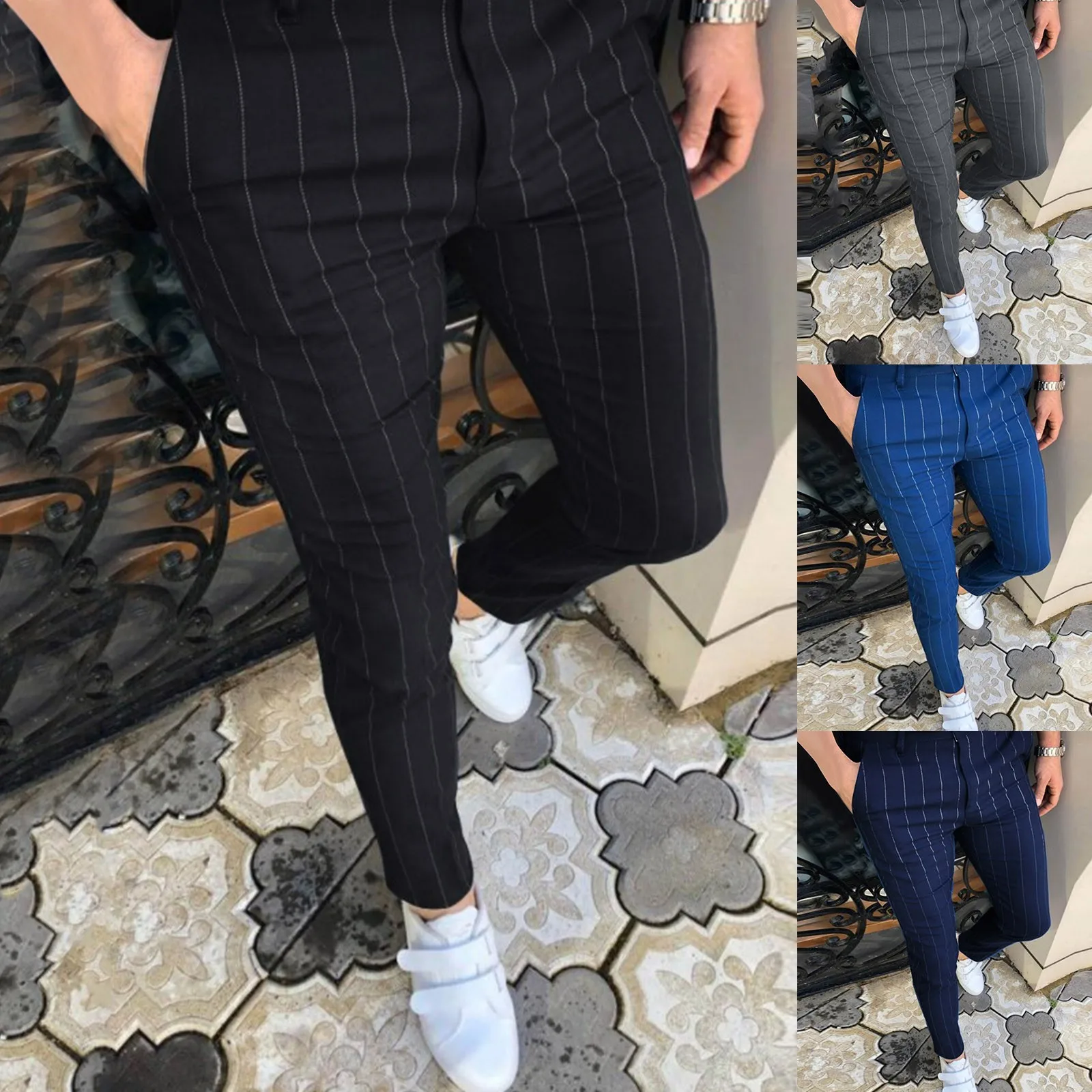 

Sweatpants Men Clothing Men Casual Striped Printed Mid Waist Fit Stretch Dress Pencil Long Pants Men Clothing Free Shipping