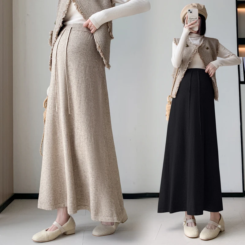 C70604# Maternity Skirt A Line Skirts Korean Style Maxi Dress Clothes Cozy Slim Knitted Mid-Long Pregnancy Skirt