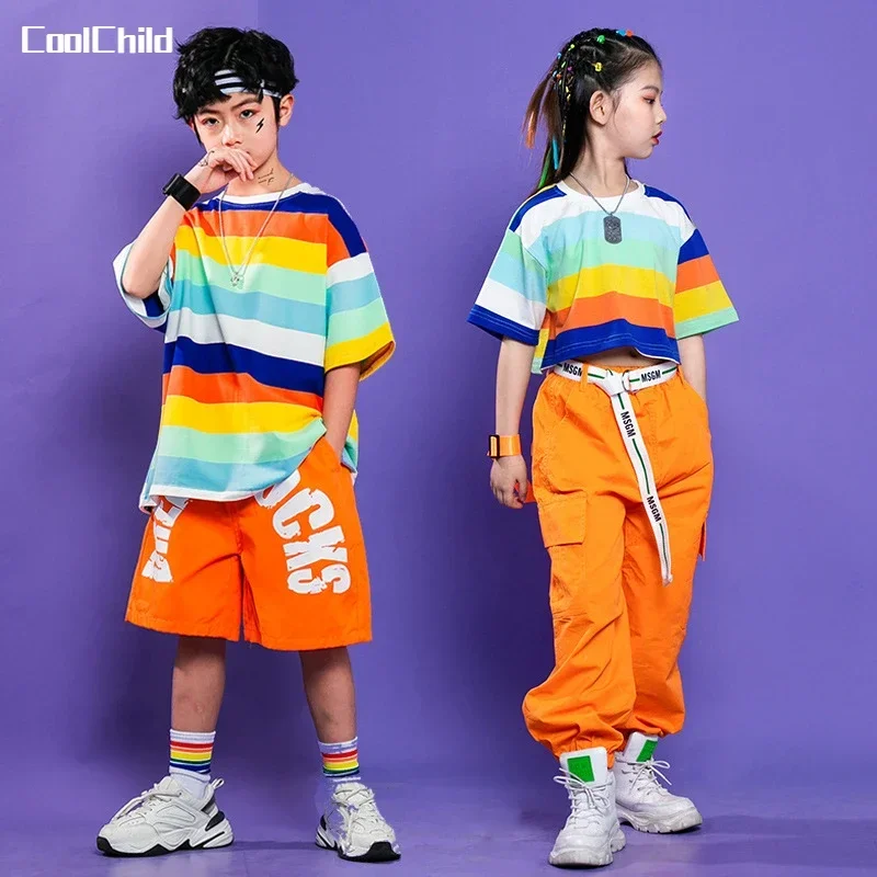 Girls Striped Crop Top Cargo Pants Skirts Boys Hip Hop Rainbow T