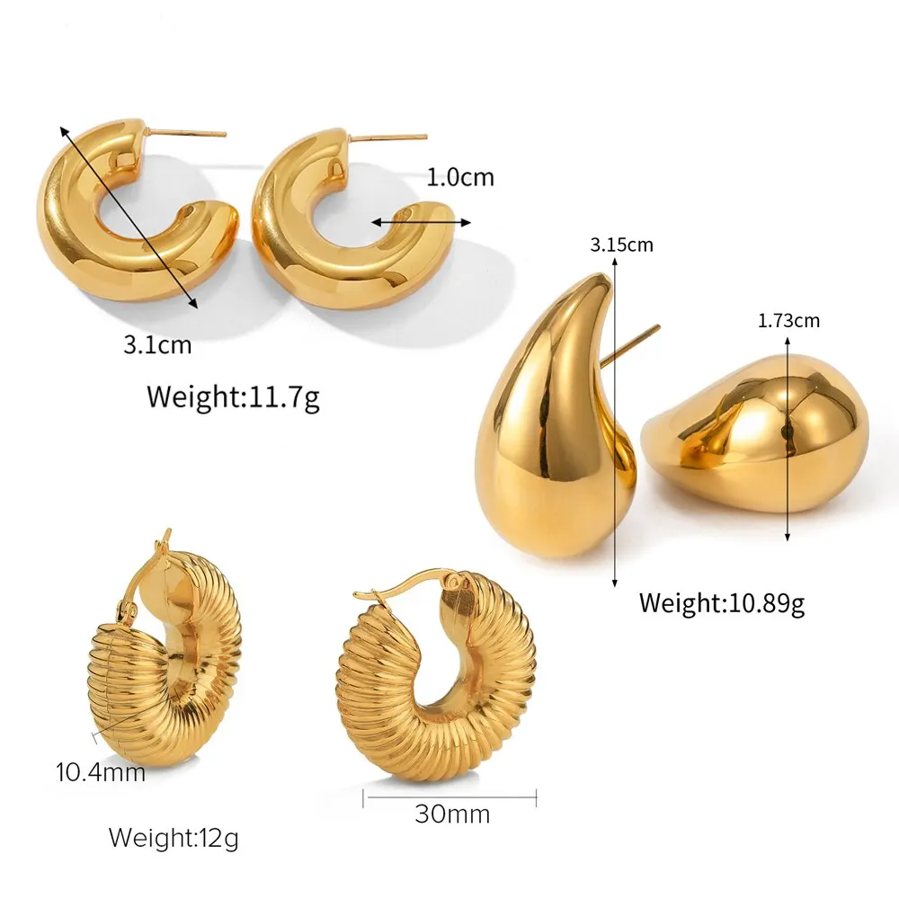 

USENSET Stainless Steel Texture Gold Plated Earrings For Women Coarse Hollow C-shaped Pierced Earring Waterproof Ear Stud