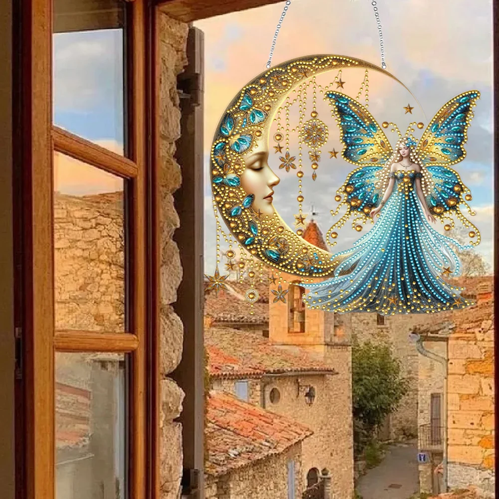 Moonlight Goddess 2D/Flat DIY Special Shape Rhinestone Diamond Art Window Pendants Diamond Painting Set Hanging Diamond Art Kits