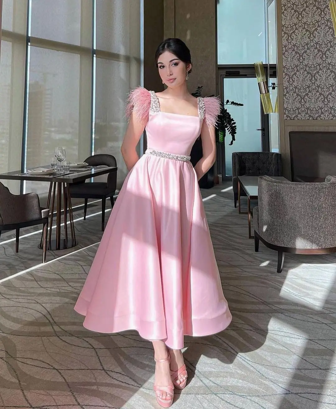 

Pink Satin Prom Dresses Beadings Feathers Ankle Length Party Gowns Special Occasion Vestidos De Fiesta Evening Dress