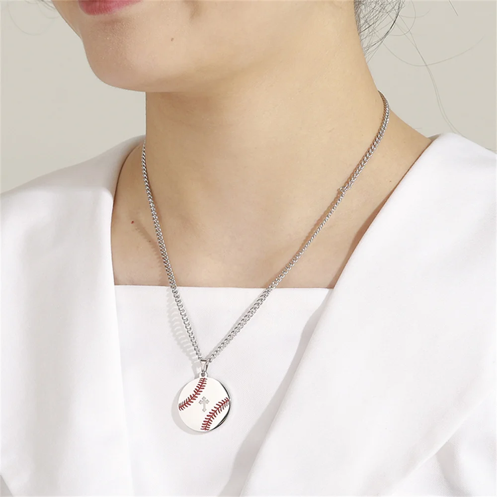 EUEAVAN Fashion Baseball Cross Bible Round Pendant Necklace for Woman Man Stainless Steel Clavicle Chain Sport Casual Jewelry