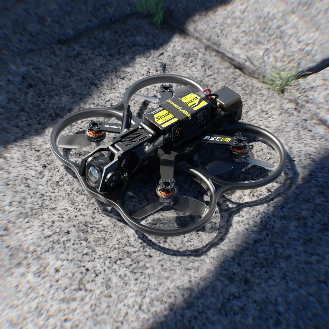 Détail du châssis modulaire du Bee25 avec la batterie 4S installée.