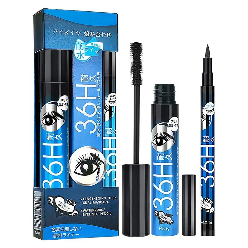 

4D Fiber Mascara Eyeliner Set 2 In 1 Mascara Eyeliner Pencil 36H Long lasting Smudge Proof Liquid Eyeliner Pencil Mascara