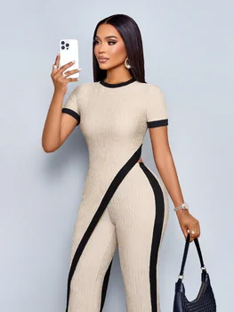 Women's Summer Asymmetric Hem Short-Sleeve T-Shirt and Flared Pants 2-Piece Set 1