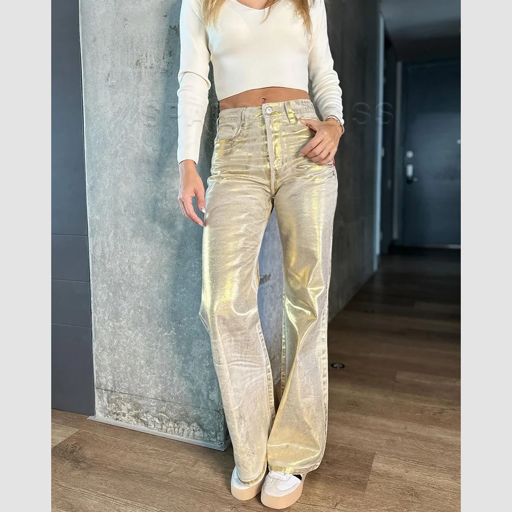 Metallic Y2K Advanced Sense Coating Casual Wide-leg Jeans Female Straight Jeans Loose Hip-hop Streetwear Oversize Denim Trousers 2