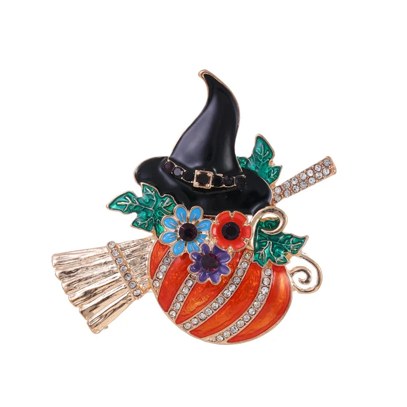 Halloween pumpkin witch with broom brooch pin,fashion brooch jewelry