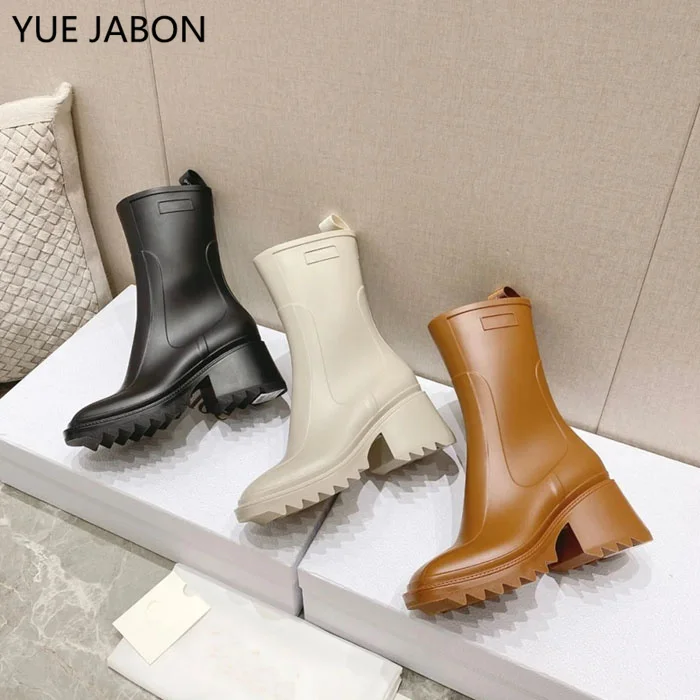 White Black Women Goth Platform Chunky High Heeled Boots Side Zipper Non Slip Ankle Boots Punk Motorcycle Short PVC Rain Boots